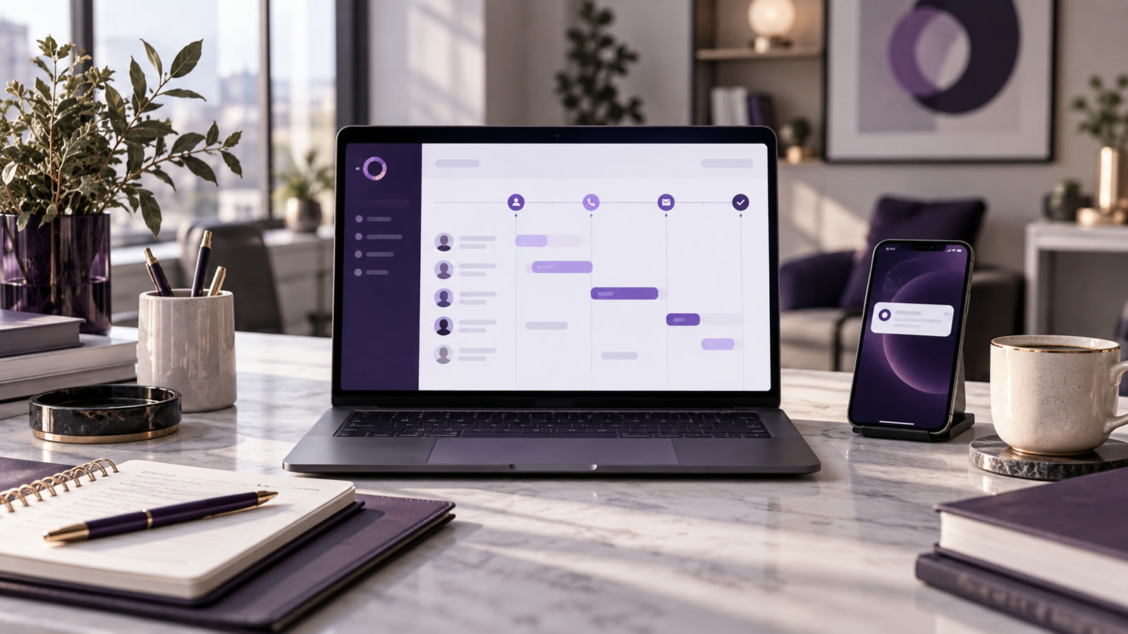 A connected client follow-up workflow displayed across a laptop and phone