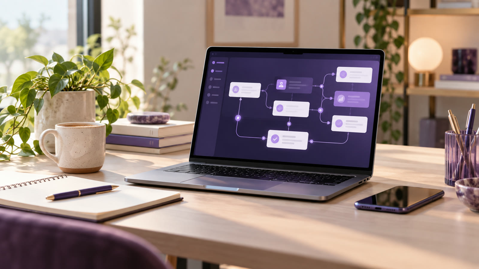 A connected client follow-up workflow shown on a laptop beside a planning notebook