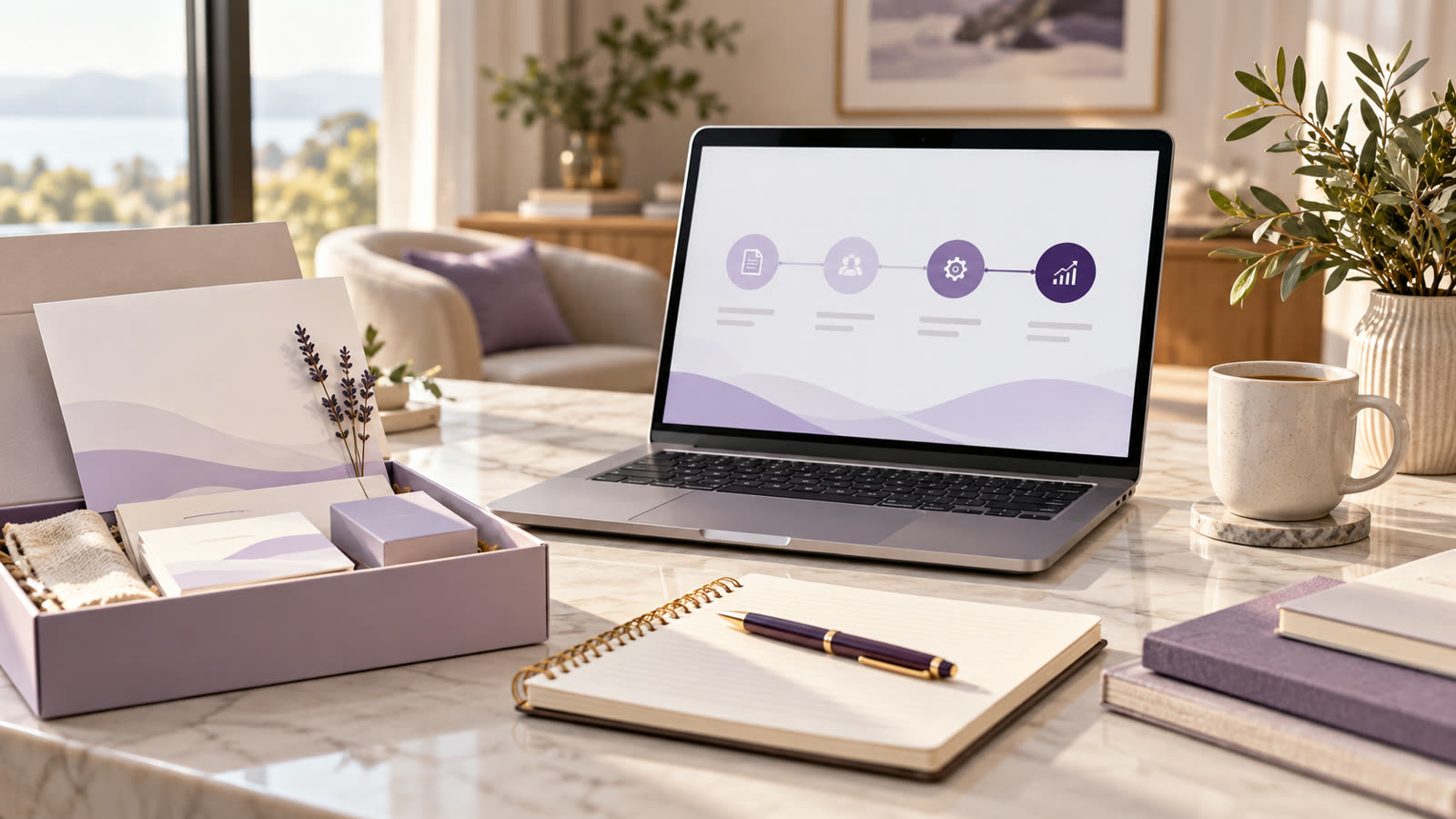 A four-step client onboarding journey displayed on a laptop beside a welcome packet