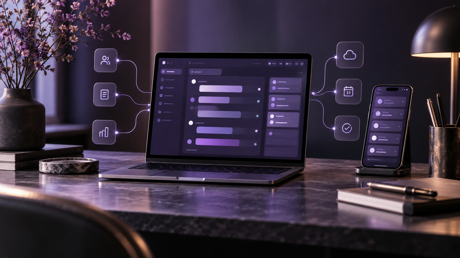 A connected agency operations dashboard displayed in a refined purple workspace