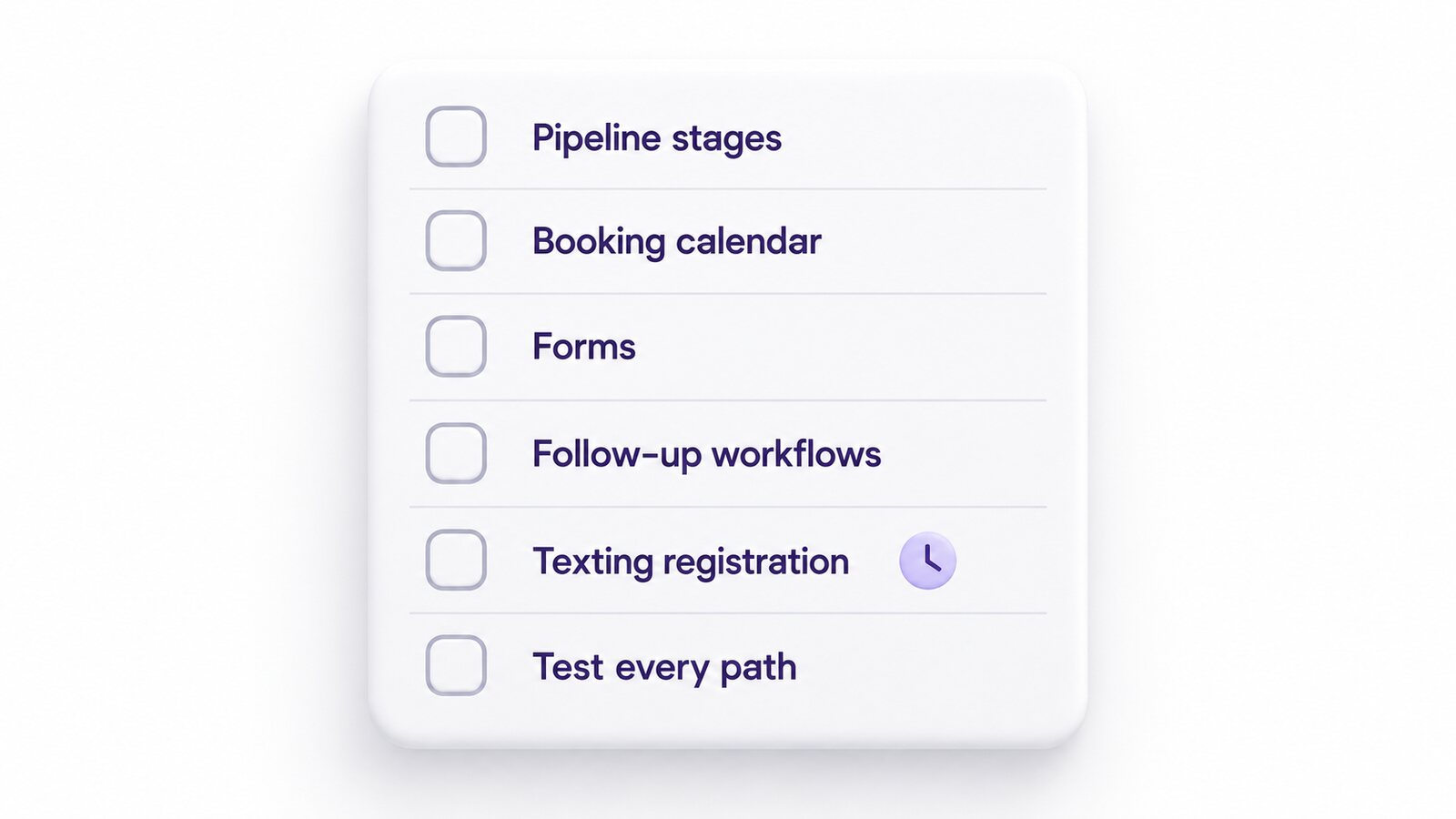 A six-step GoHighLevel setup checklist covering pipeline, calendar, forms, workflows, texting registration and testing
