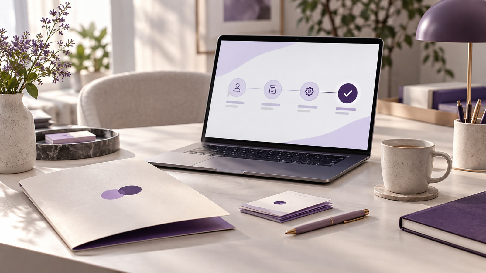 A calm client onboarding workflow presented on a laptop beside organized materials